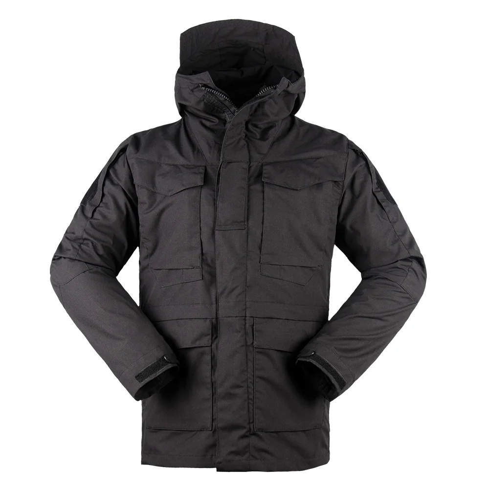 Front view of black 3 in 1 tactical jacket featuring detachable inner fleece and weather-resistant outer shell, designed for tactical, security, and cold-weather operations.