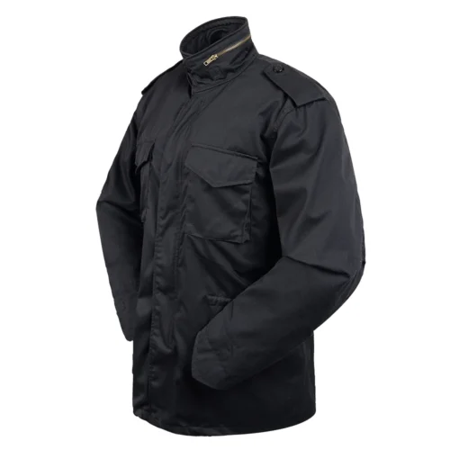Side view of black M65 tactical jacket highlighting functional pockets, reinforced seams, and traditional military field jacket silhouette.