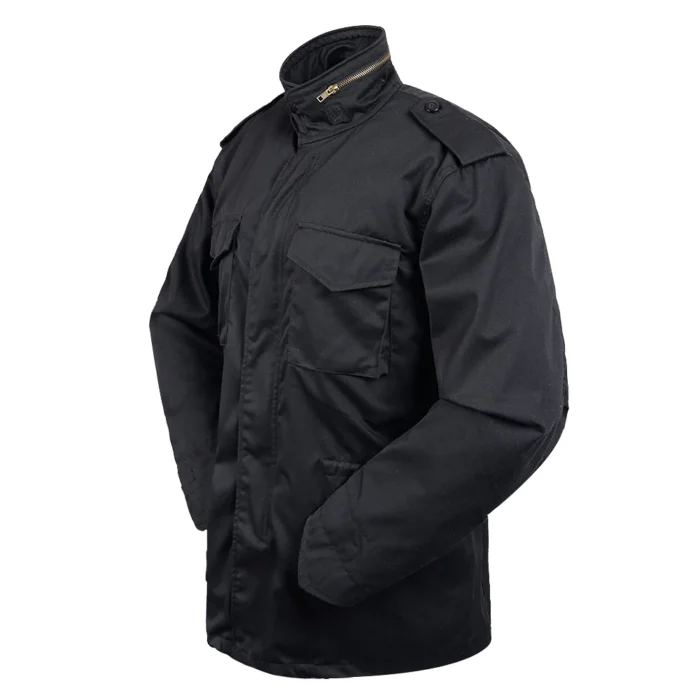 Side view of black M65 tactical jacket highlighting functional pockets, reinforced seams, and traditional military field jacket silhouette.