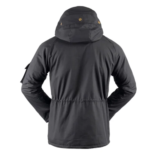 Back view of black tactical winter jacket showing reinforced structure and clean tactical silhouette for security and field operations.