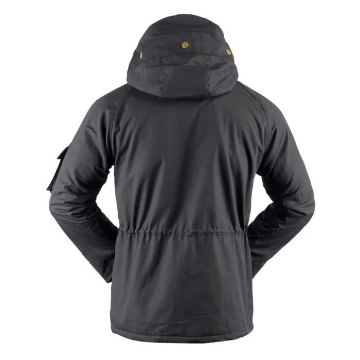 Back view of black tactical winter jacket showing reinforced structure and clean tactical silhouette for security and field operations.