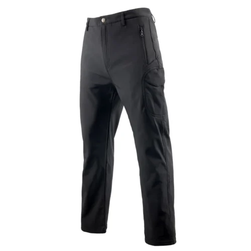 Front and side view of black tactical softshell pants with a streamlined fit, zippered pockets, and flexible construction for professional security and guard uniforms.