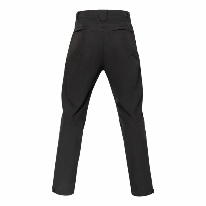 Rear view of black lightweight tactical pants featuring ergonomic cut, reinforced seat area, and clean back design for tactical, security, and outdoor duty applications.