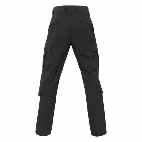 Back view of black lightweight tactical pants showing ergonomic tailoring, reinforced seat area, and rear utility pockets designed for durability, mobility, and professional use.
