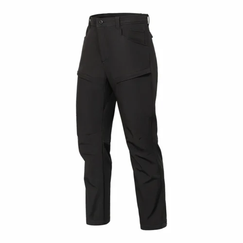 Front side view of black lightweight tactical pants with streamlined tactical silhouette, functional thigh pocket, and flexible construction for mobility-focused operations.