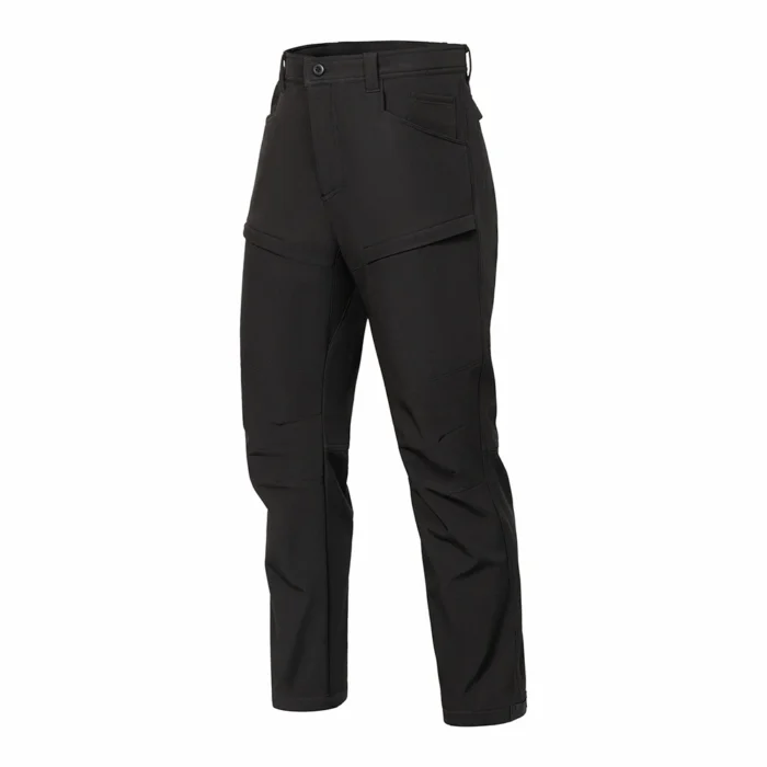 Front side view of black lightweight tactical pants with streamlined tactical silhouette, functional thigh pocket, and flexible construction for mobility-focused operations.
