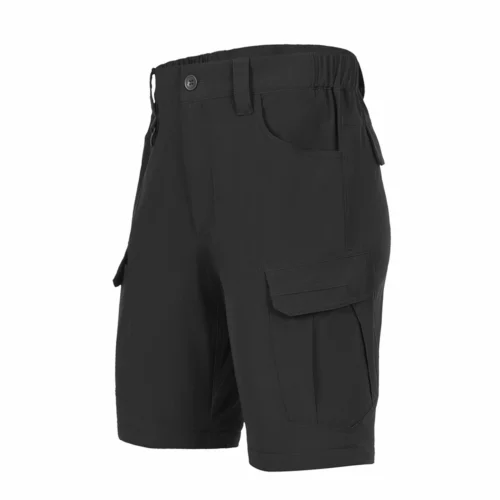 Black tactical cargo pants converted into shorts with detachable lower leg, suitable for warm weather operations