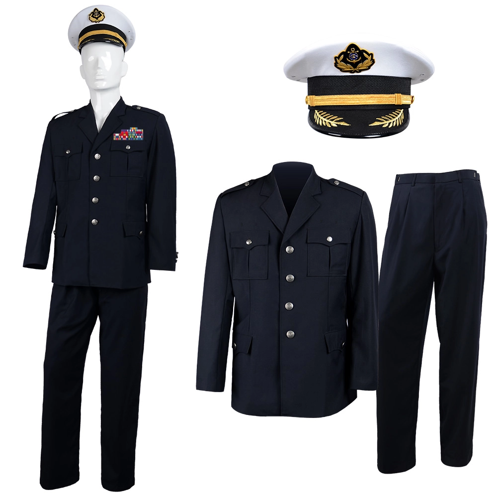 Formal police duty uniform reference showing jacket, trousers, and cap components. OEM options include fabric selection, trim coordination, and insignia integration—reference only, not retail.