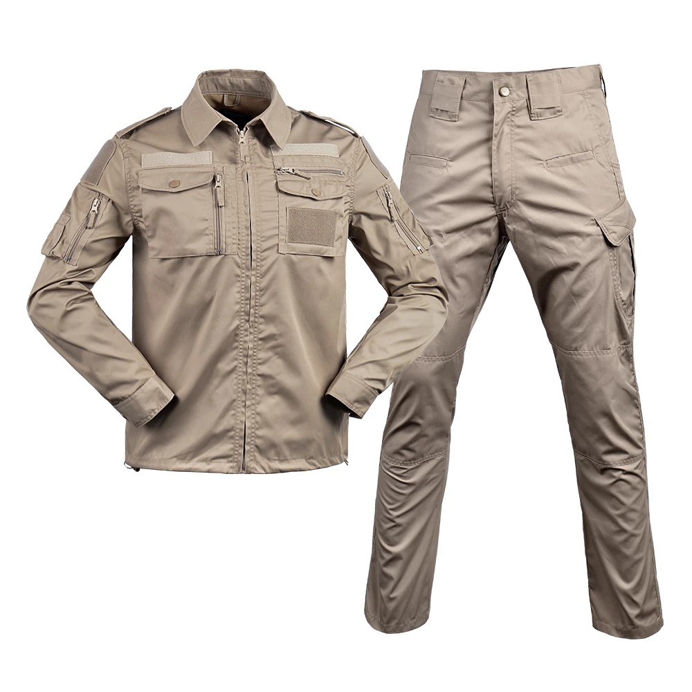 Khaki 728-style field uniform set reference for program-based manufacturing. Review pocket layout, trim placement, and customization options including fabrics, labels, and unit ID areas.