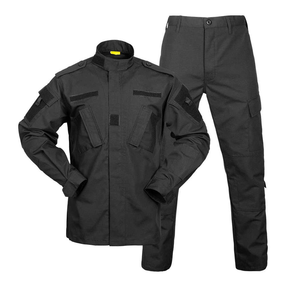 Front view reference of black tactical jacket and trousers for law enforcement duty programs. Discuss fabric selection, pocket layout, fit grading, and branding integration—reference only.