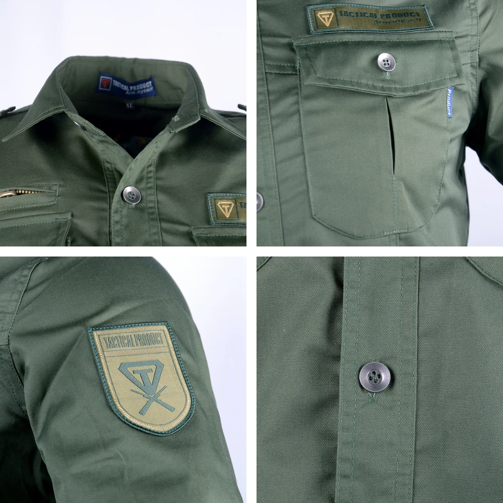 Close-up details of collar construction, chest pocket design, sleeve ID area, and front placket on 1981-style field shirts. Supports OEM customization for trims, labels, and stitching standards.