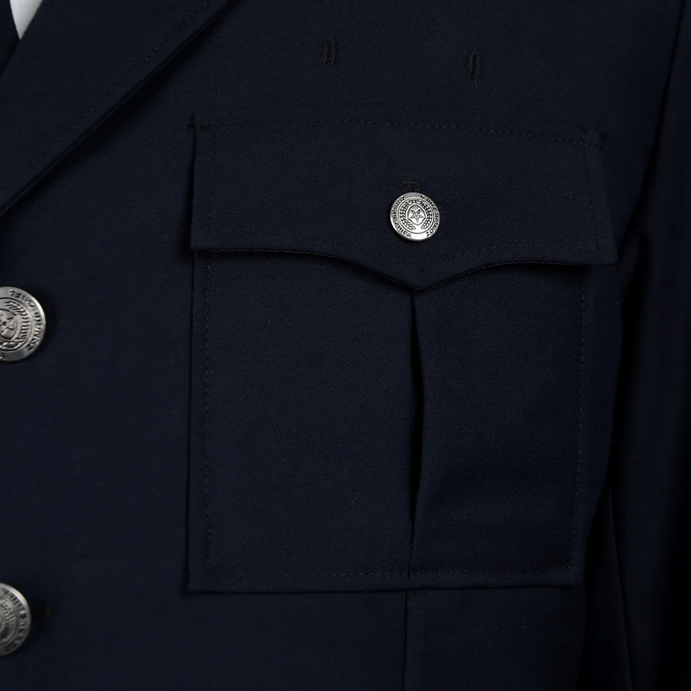 Chest pocket and button detail for formal police uniform programs. Discuss pocket shape, stitch specification, hardware finish, and placement guidelines for consistent production.