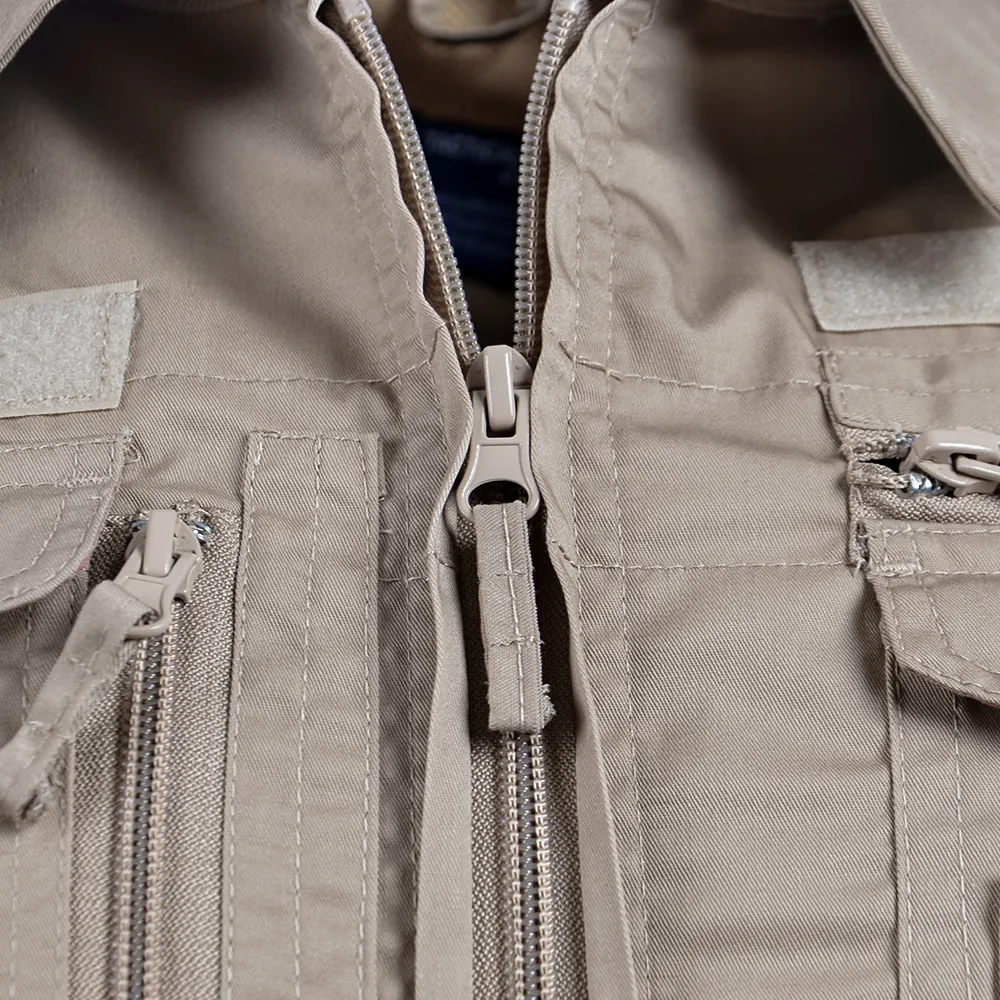 Front zipper and placket construction detail for 728-style field uniform programs. Discuss zipper type, puller style, seam finishing, and QC checkpoints for repeatable production.
