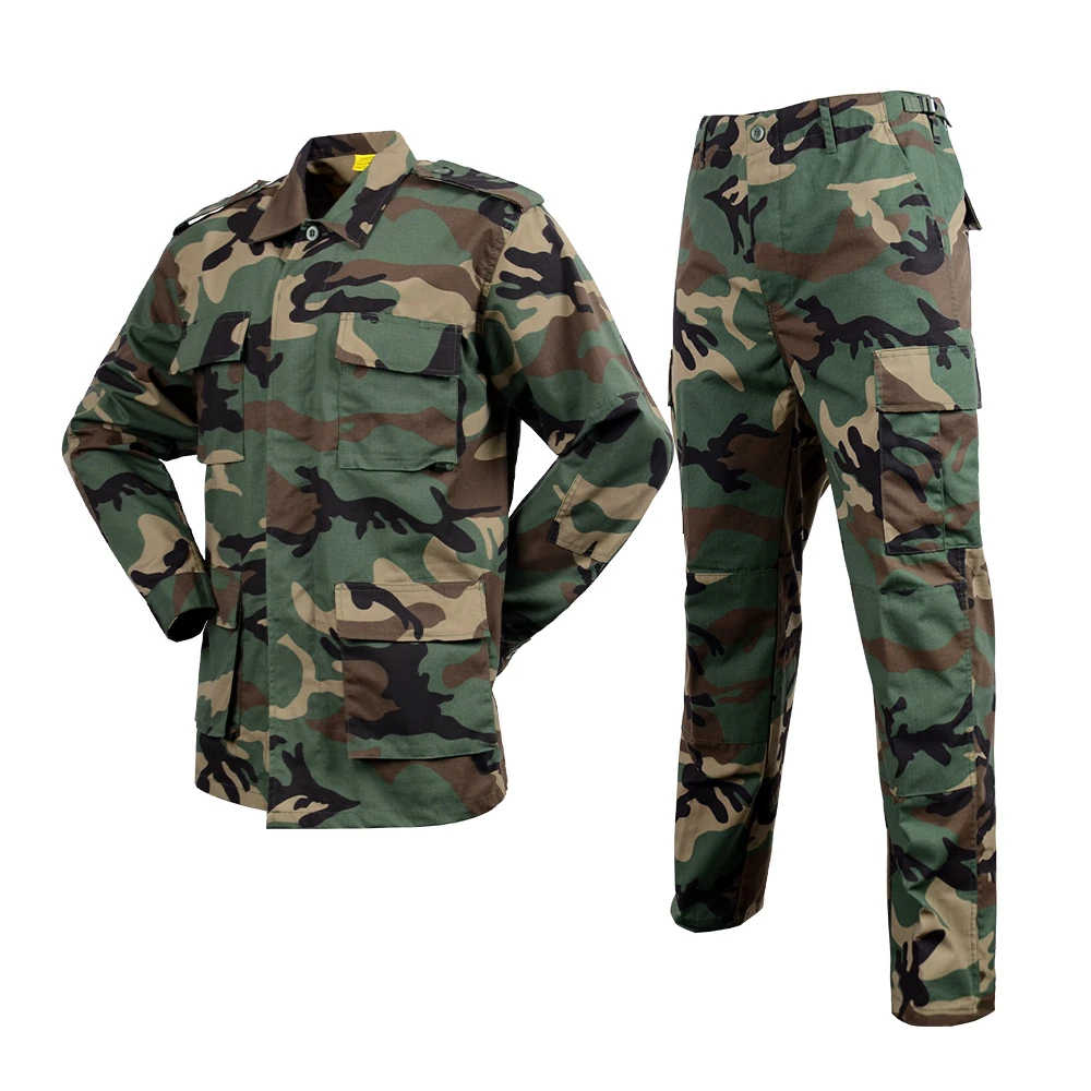 Woodland camouflage BDU-style uniform reference for military and duty wear production. Supports camouflage matching, fabric selection, labeling, and program-based customization.