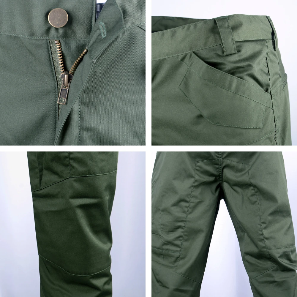 Detail collage showing fly zipper closure, back pocket shape, and knee panel construction on 1981-style field trousers. OEM options include reinforcement, stitching, and hardware selection.