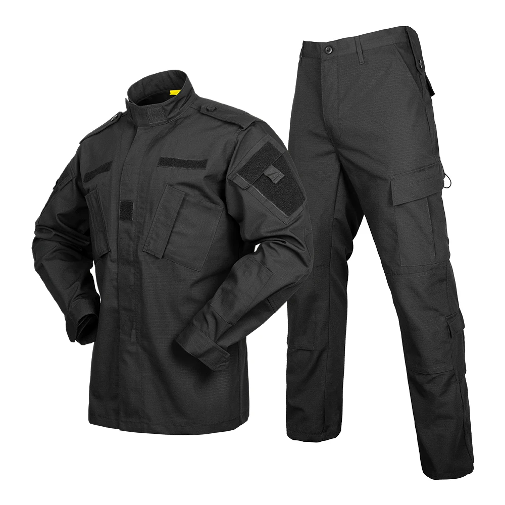 Angled view reference showing silhouette and functional layout for a black duty uniform set. OEM options include construction adjustments, reinforcement points, and consistent QC requirements.