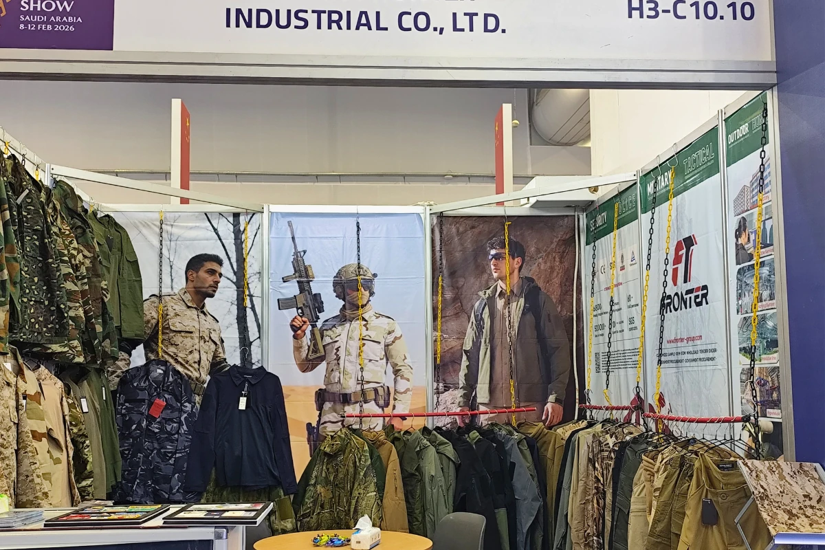 Desert camouflage military uniforms displayed at World Defense Show 2026