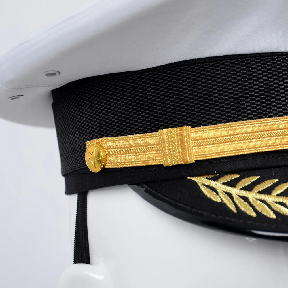 Close-up of cap band trim and embroidery detail for formal uniform sets. Supports customization of braid materials, embroidery technique, and attachment for ceremonial and duty use.