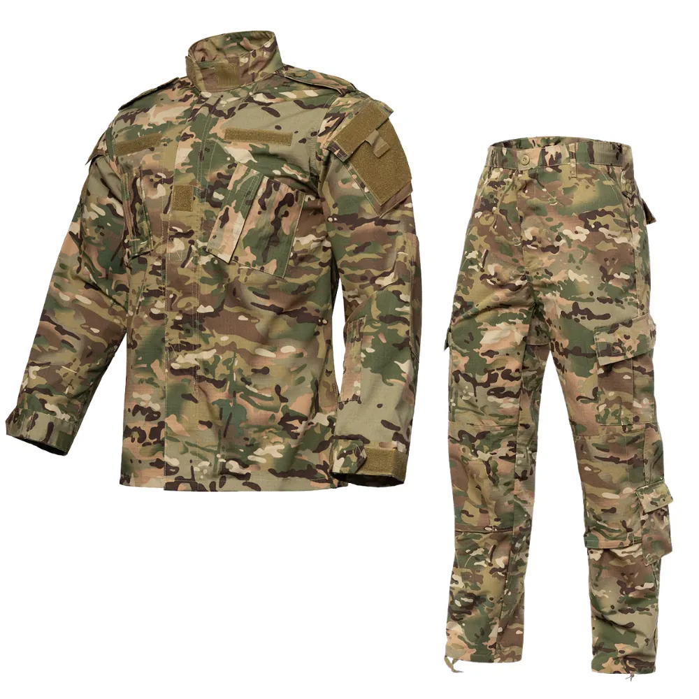 Front view reference of ACU-style jacket and combat pants for military uniform OEM manufacturing. Custom fabric, camouflage matching, pocket layout, and labeling can be discussed.