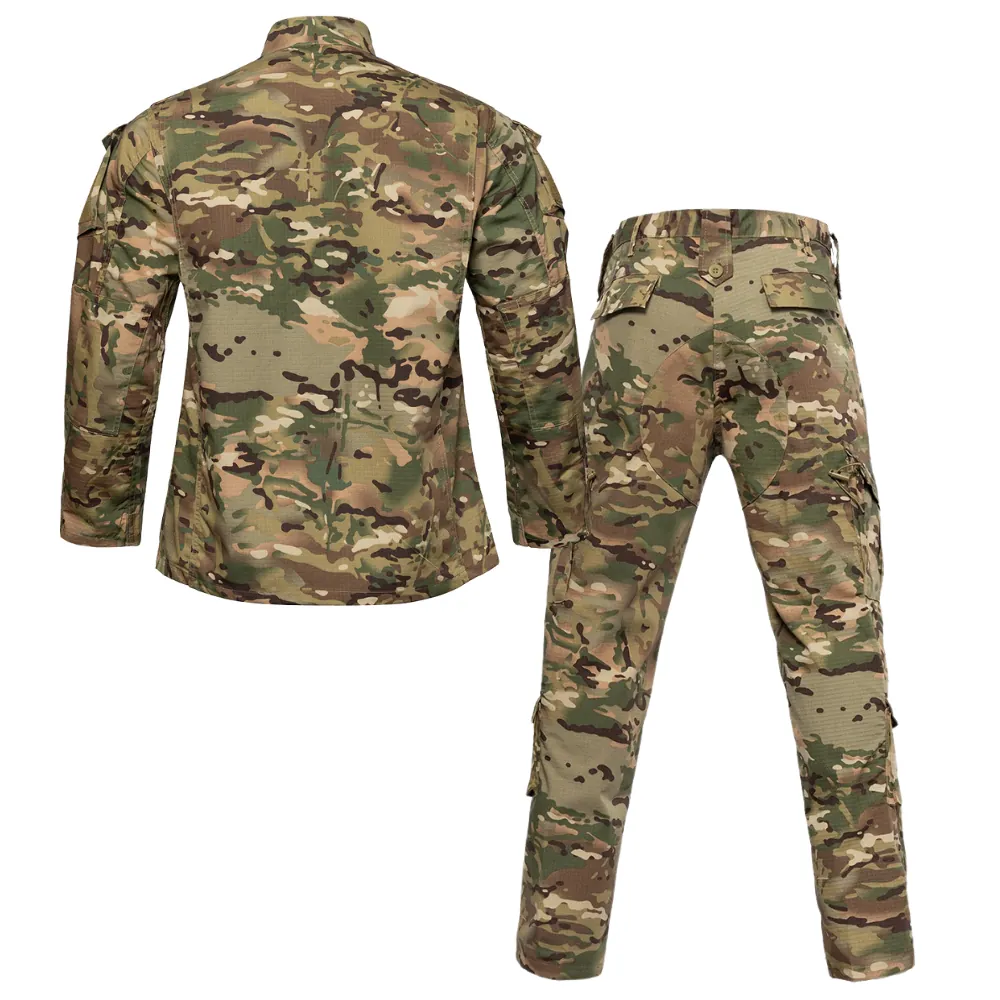 Back view reference showing overall silhouette and rear pocket placement for ACU-style uniform production. Supports program-based customization including sizing coordination and QC checkpoints.
