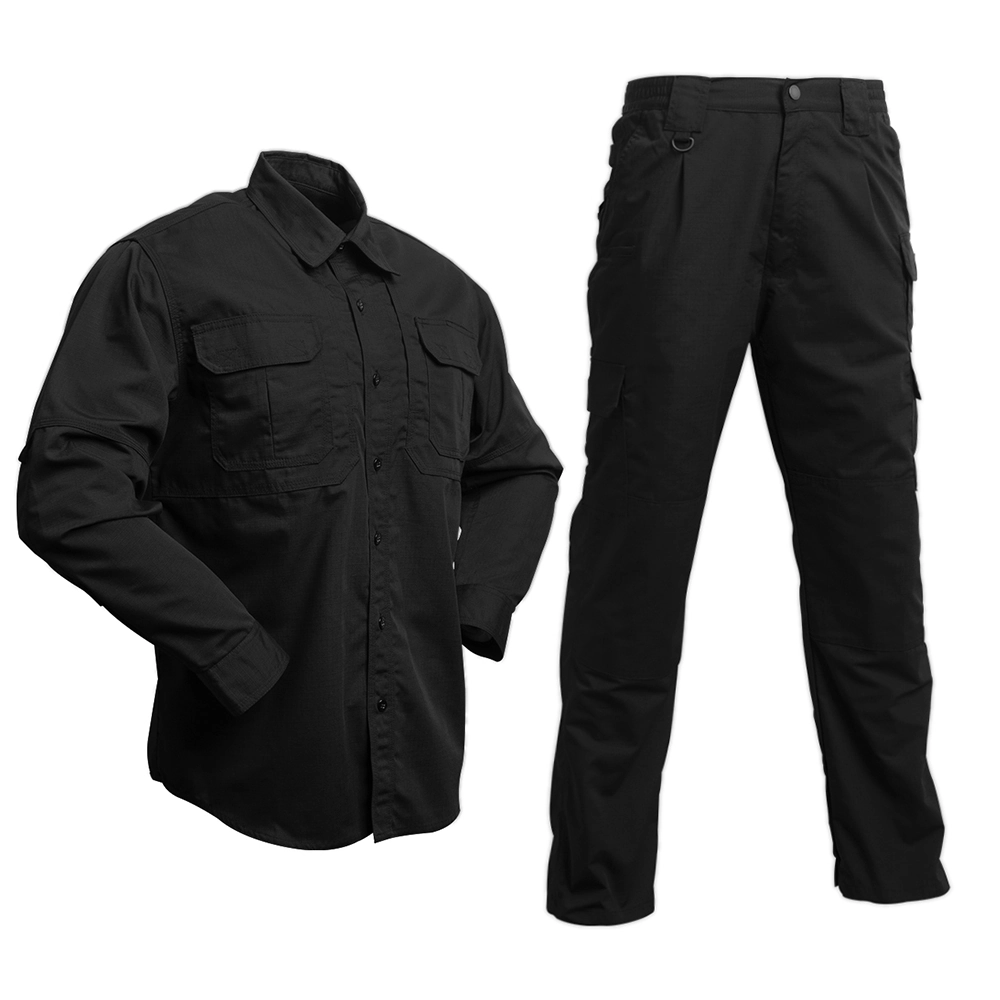 Black tactical duty uniform reference for professional teams and unit supply. Review fit silhouette, pocket layout, and durability-focused stitching options for OEM production.