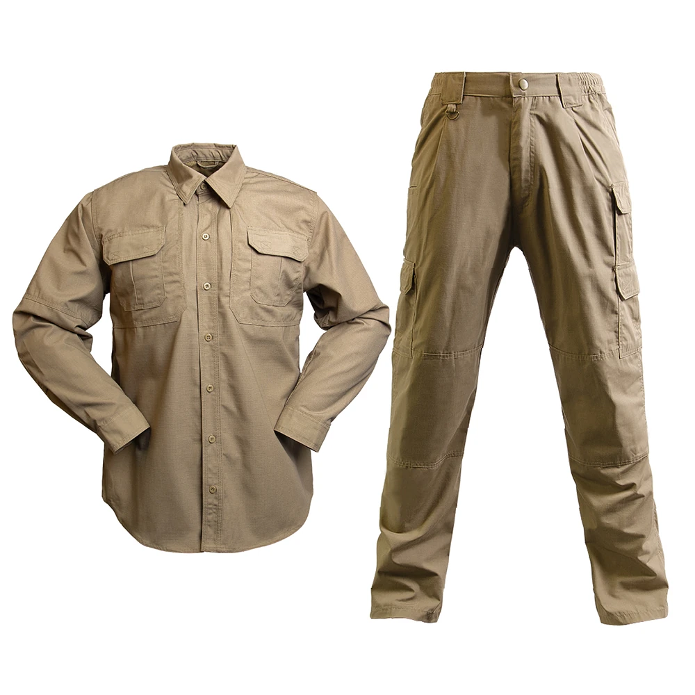 Khaki tactical field uniform reference (shirt and cargo pants) for program-based OEM manufacturing. Discuss fabric options, pocket configuration, and branding placement for uniform supply.