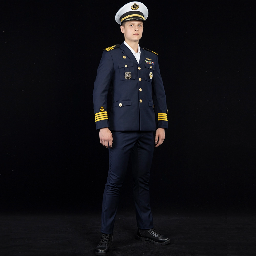 Full-set officer dress uniform reference for ceremonial and formal duty programs. OEM customization can include fabric selection, fit grading, trim placement, and insignia integration.