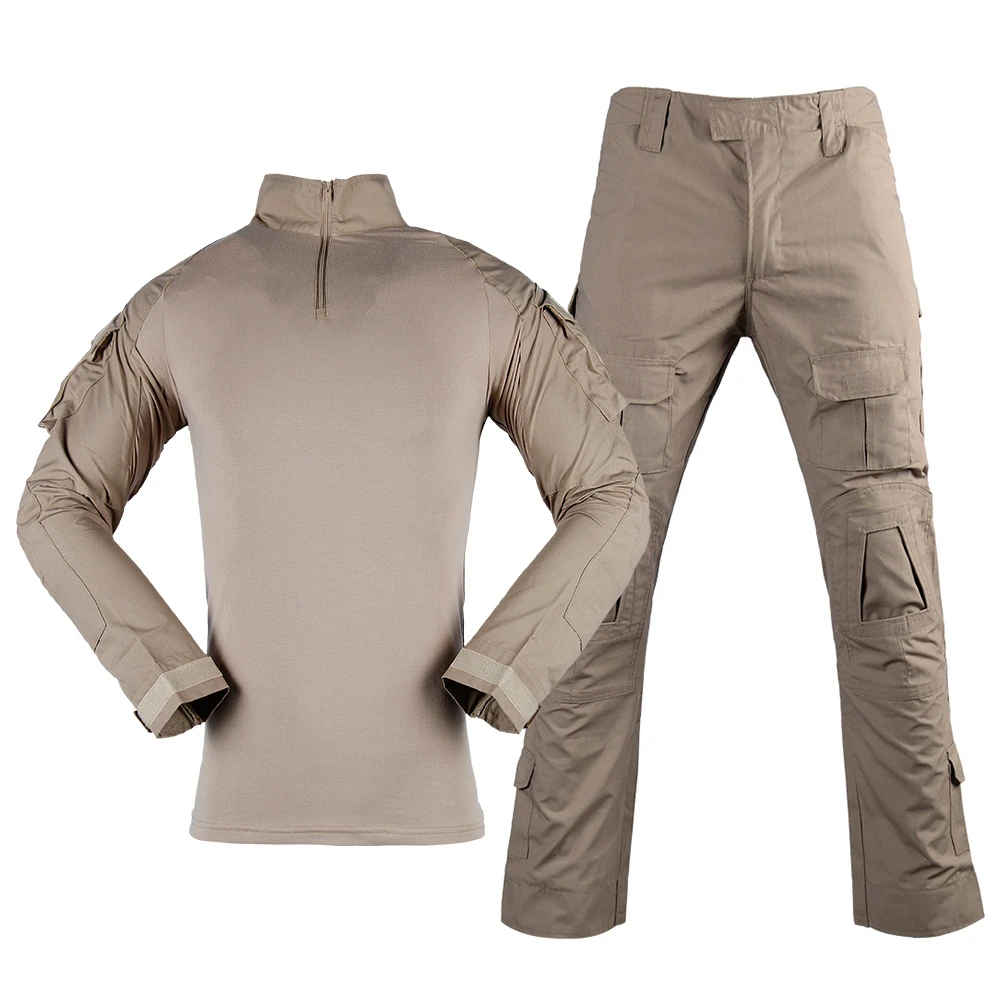 Front reference image of G2 frog suit set including combat shirt and field pants in khaki colorway, used for OEM/ODM evaluation of fabrics, layout, and ID options.