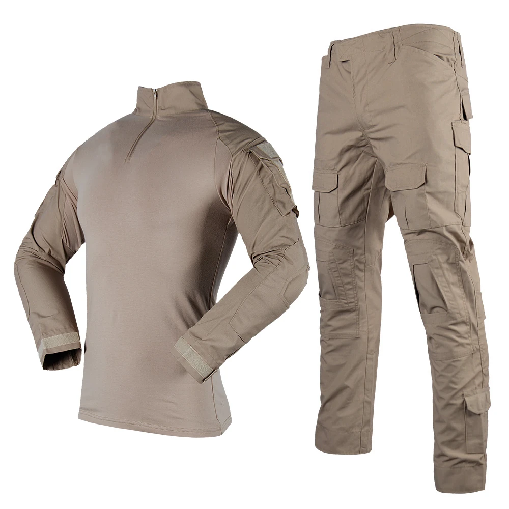 Angled side view of G2 combat shirt and tactical pants highlighting pocket layout and ergonomic patterning—ideal as a reference set for OEM uniform program development.