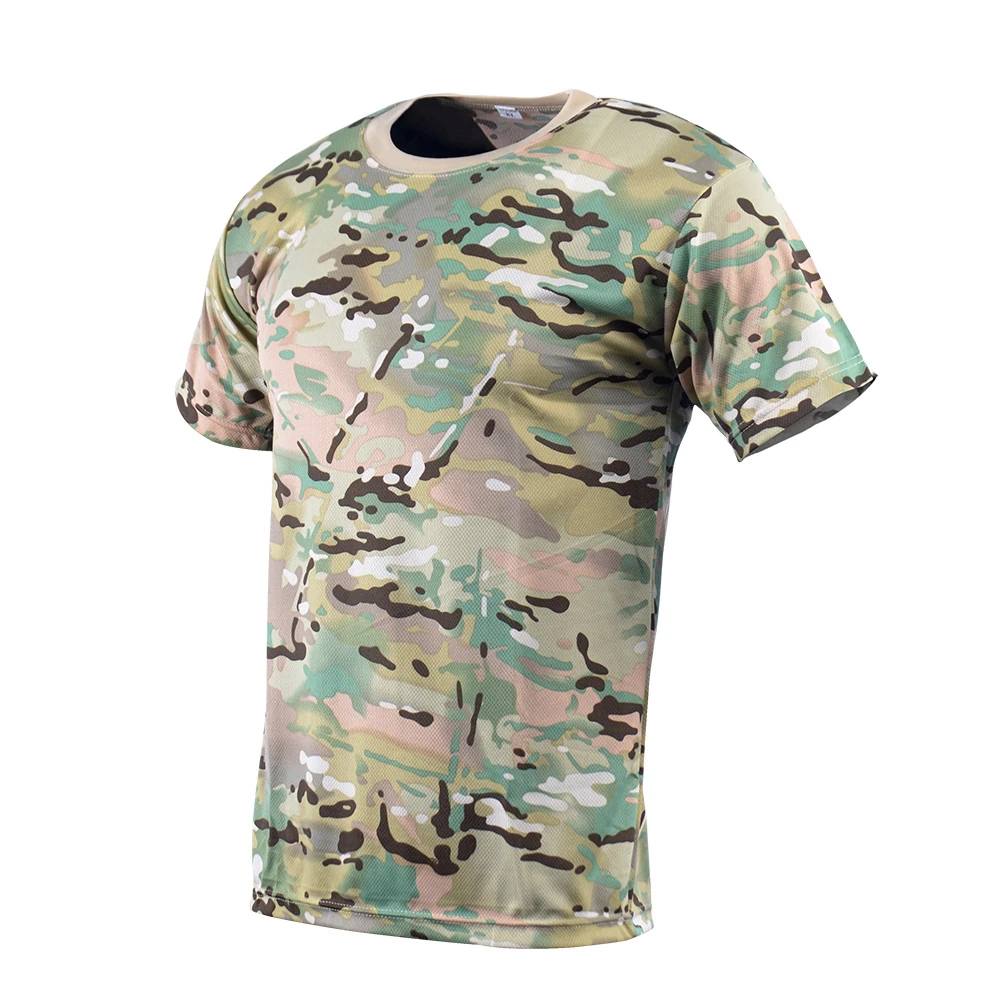 Full product view of breathable camouflage mesh T-shirt with quick-dry performance, suitable for bulk uniform programs, training wear, and OEM customization (pattern/color matching).