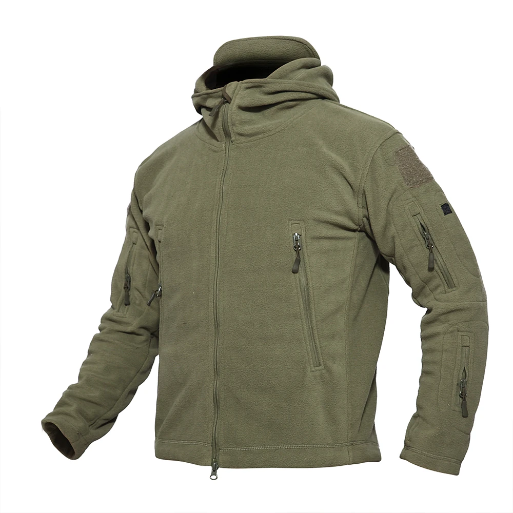 Front view of a ranger green tactical fleece hoodie jacket showing full zipper closure and chest/arm zipper pockets. OEM reference for custom colors, trims, Velcro ID placement, and bulk manufacturing.