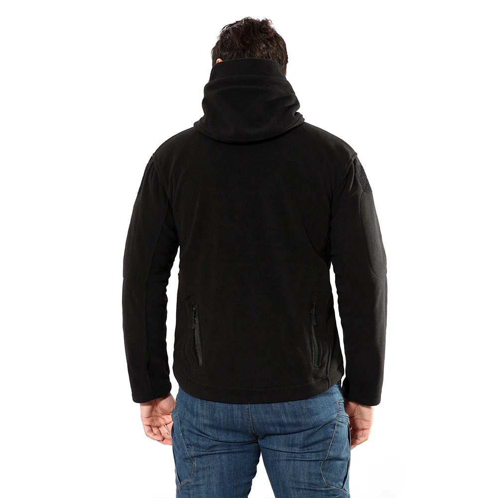 Back view of a black tactical hooded fleece jacket with sleeve Velcro patch panels and full-zip construction. OEM/ODM reference for custom branding, pocket layout, and fabric/weight options.