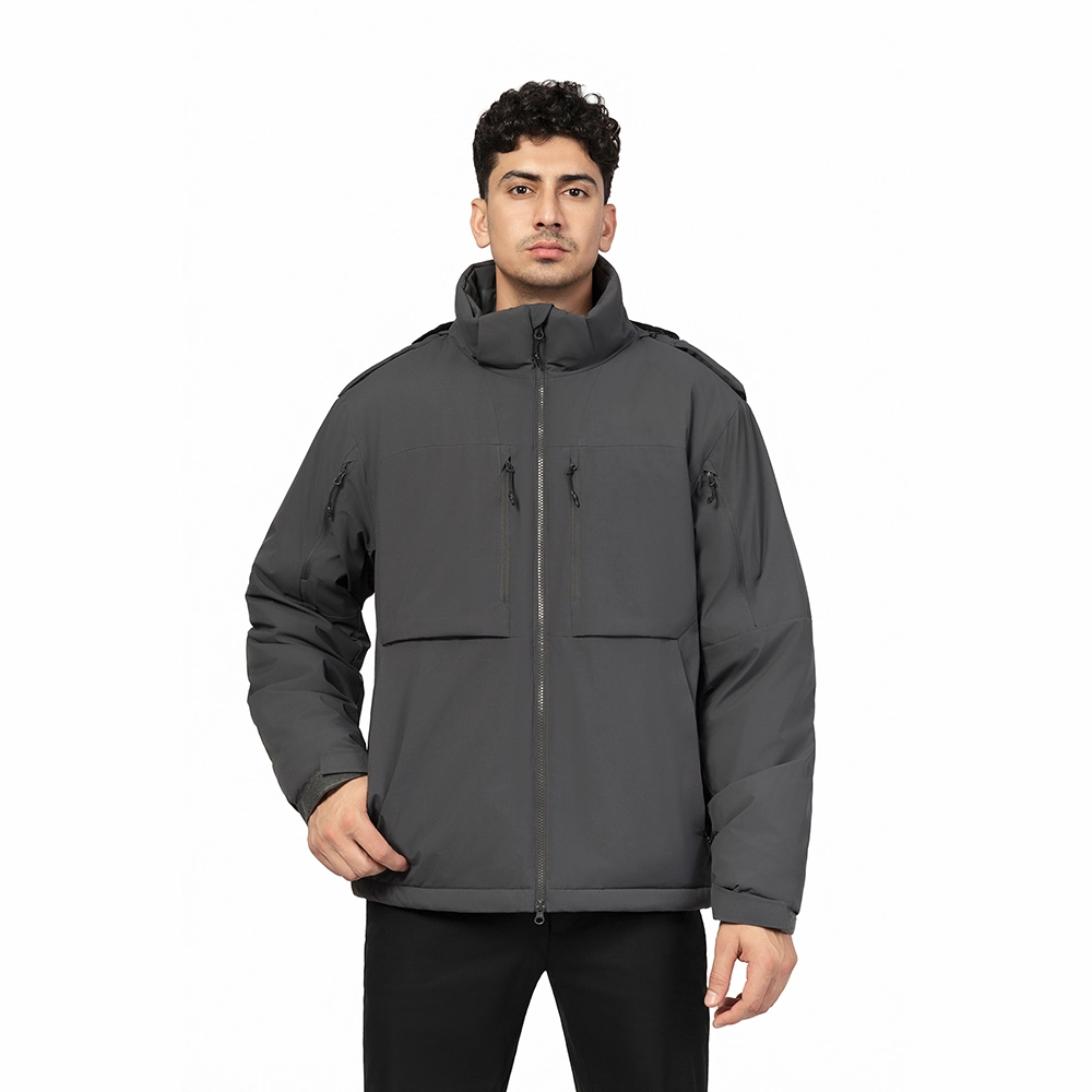 Front view of FC24417 water-repellent outdoor jacket showing hooded construction, chest pocket system, and sleeve zip pocket. OEM reference for bulk jacket and outerwear programs.