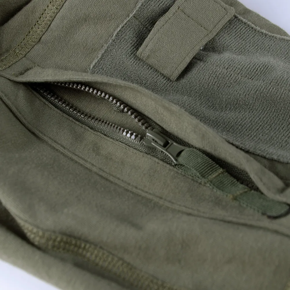 Detail of front zipper opening and hook-and-loop area on a tactical frog shirt, supporting identification placement and trim coordination for OEM orders.