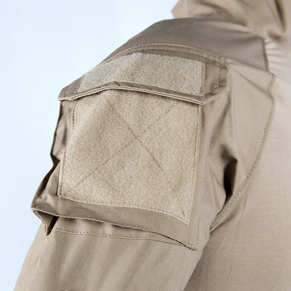 Close-up of G2-style combat shirt sleeve with large hook-and-loop ID panel and reinforced stitching for unit patch placement and program-based OEM uniform production.