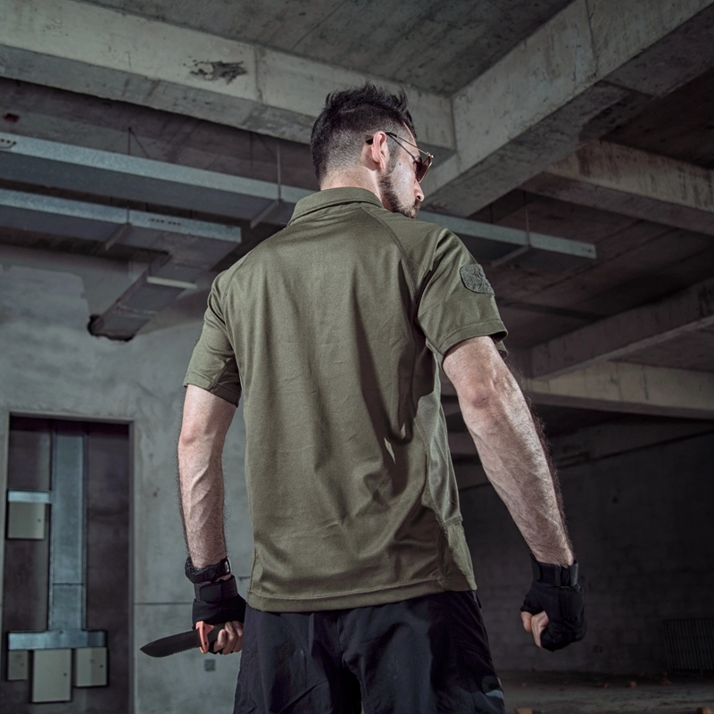 Back view of olive tactical quick-dry polo shirt in a training scene, suitable for OEM/ODM uniform programs with custom logo and fabric options.