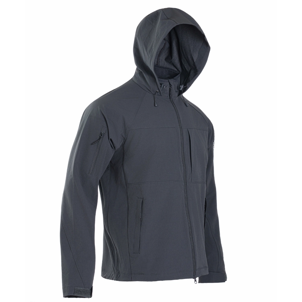 Front view of FM25041 4-way stretch tactical jacket showing hooded construction, hidden zip pockets, and clean low-profile design. OEM/ODM reference for bulk jacket programs.