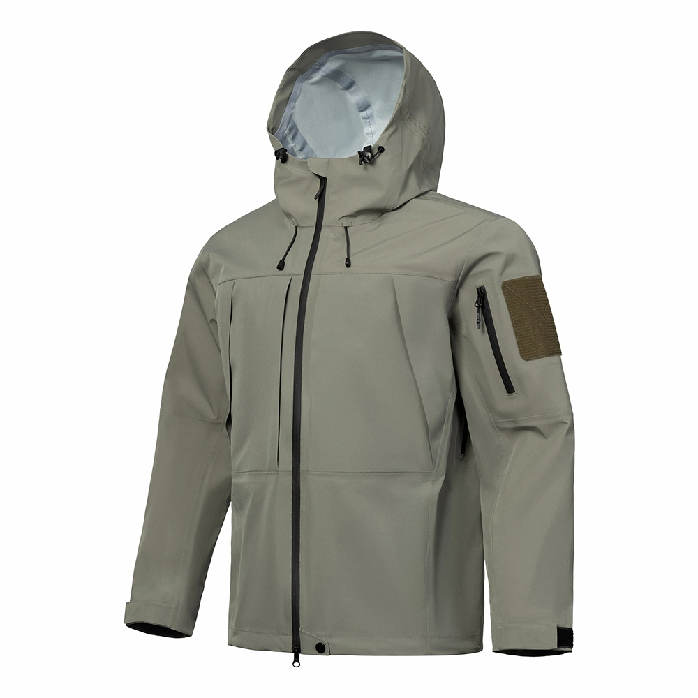 Front view of FM24230 tactical hardshell jacket showing hooded construction, chest pocket layout, and sleeve velcro ID panel. OEM/ODM reference for bulk jacket programs.