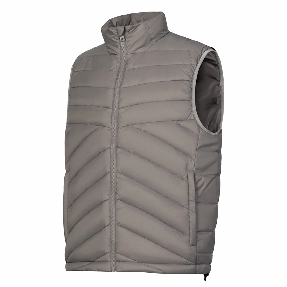 Front view of FV24221 tactical down vest liner showing chevron baffle design, stand collar, and zip hand pocket. OEM/ODM reference for bulk down vest and layering programs.