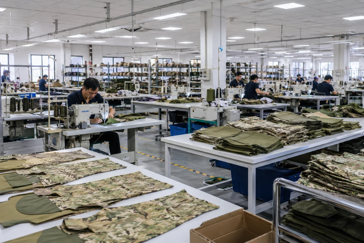 A clean apparel factory production line showing bulk military uniform production, with workers sewing and arranging camouflage and solid-color uniform pieces in an organized manufacturing environment.