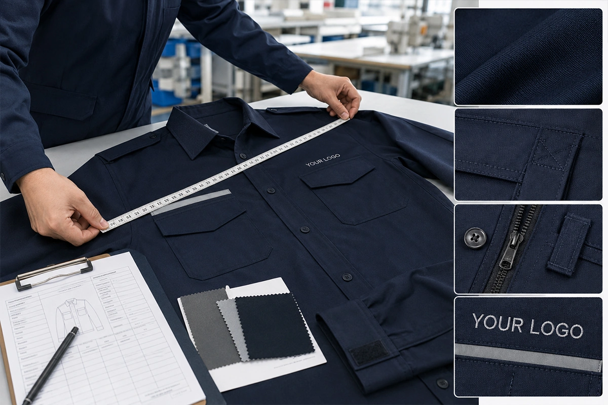 Inspection of security uniform fabric, stitching, pockets and reinforced stress points